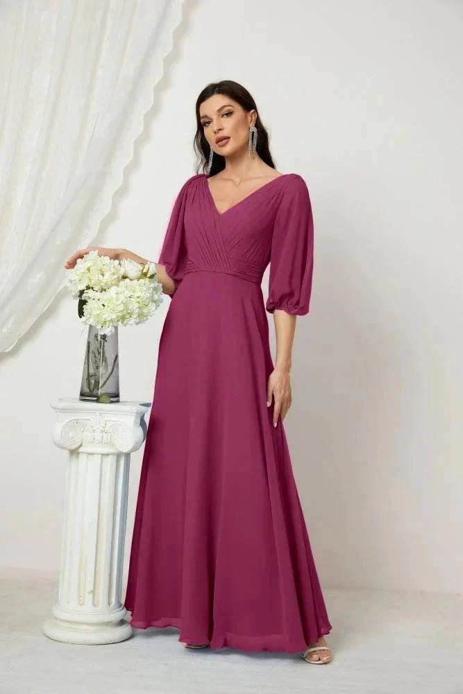 Numbersea  Formal Prom Gown Women V-Neck Chiffon Bridesmaid Dresses Long Bishop Sleeve Party Dress 2807 - Image 133