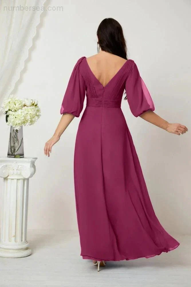 Numbersea  Formal Prom Gown Women V-Neck Chiffon Bridesmaid Dresses Long Bishop Sleeve Party Dress 2807 - Image 134