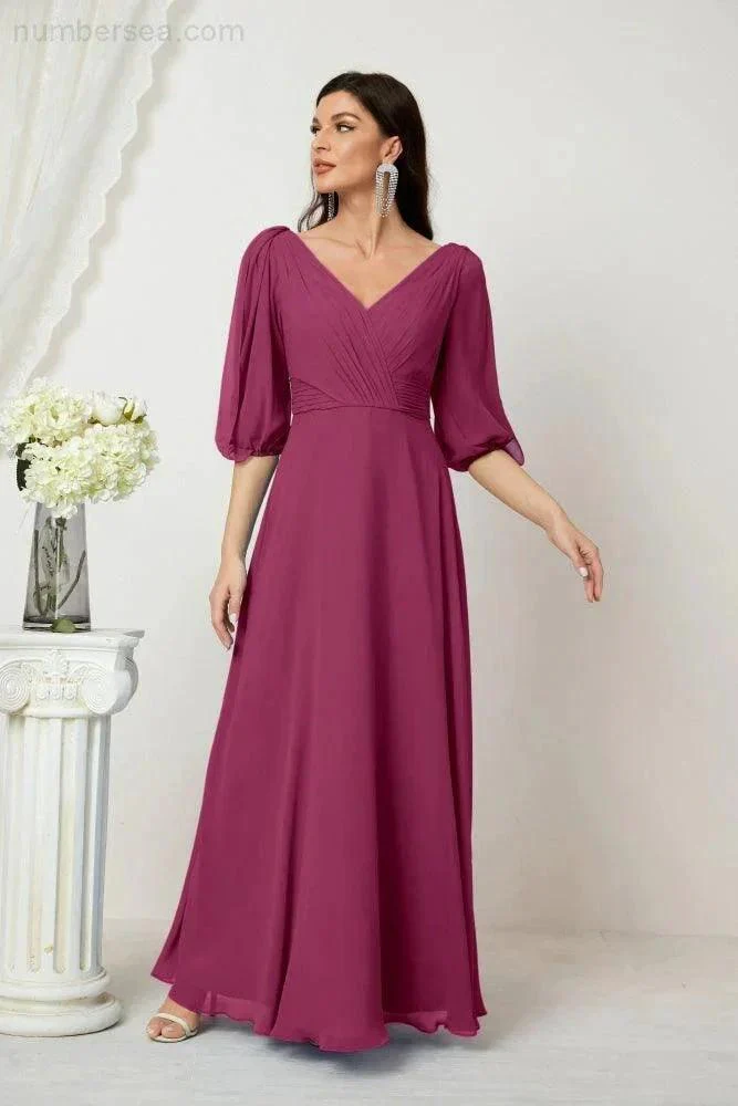 Numbersea  Formal Prom Gown Women V-Neck Chiffon Bridesmaid Dresses Long Bishop Sleeve Party Dress 2807 - Image 135