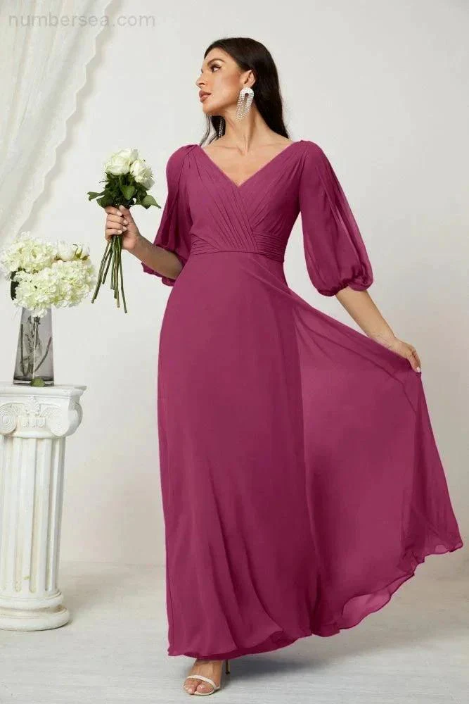 Numbersea  Formal Prom Gown Women V-Neck Chiffon Bridesmaid Dresses Long Bishop Sleeve Party Dress 2807 - Image 136