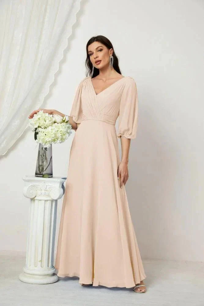Numbersea  Formal Prom Gown Women V-Neck Chiffon Bridesmaid Dresses Long Bishop Sleeve Party Dress 2807 - Image 137
