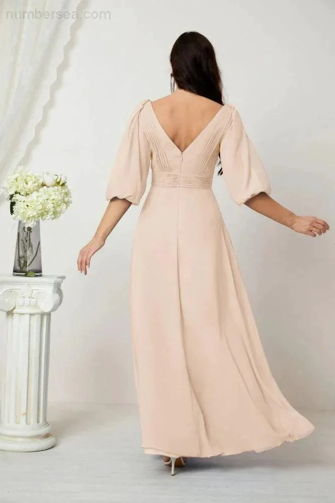 Numbersea  Formal Prom Gown Women V-Neck Chiffon Bridesmaid Dresses Long Bishop Sleeve Party Dress 2807 - Image 138