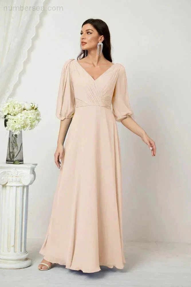 Numbersea  Formal Prom Gown Women V-Neck Chiffon Bridesmaid Dresses Long Bishop Sleeve Party Dress 2807 - Image 139