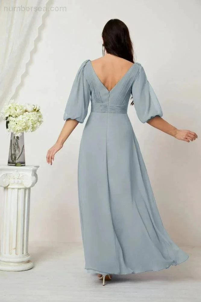Numbersea  Formal Prom Gown Women V-Neck Chiffon Bridesmaid Dresses Long Bishop Sleeve Party Dress 2807 - Image 14