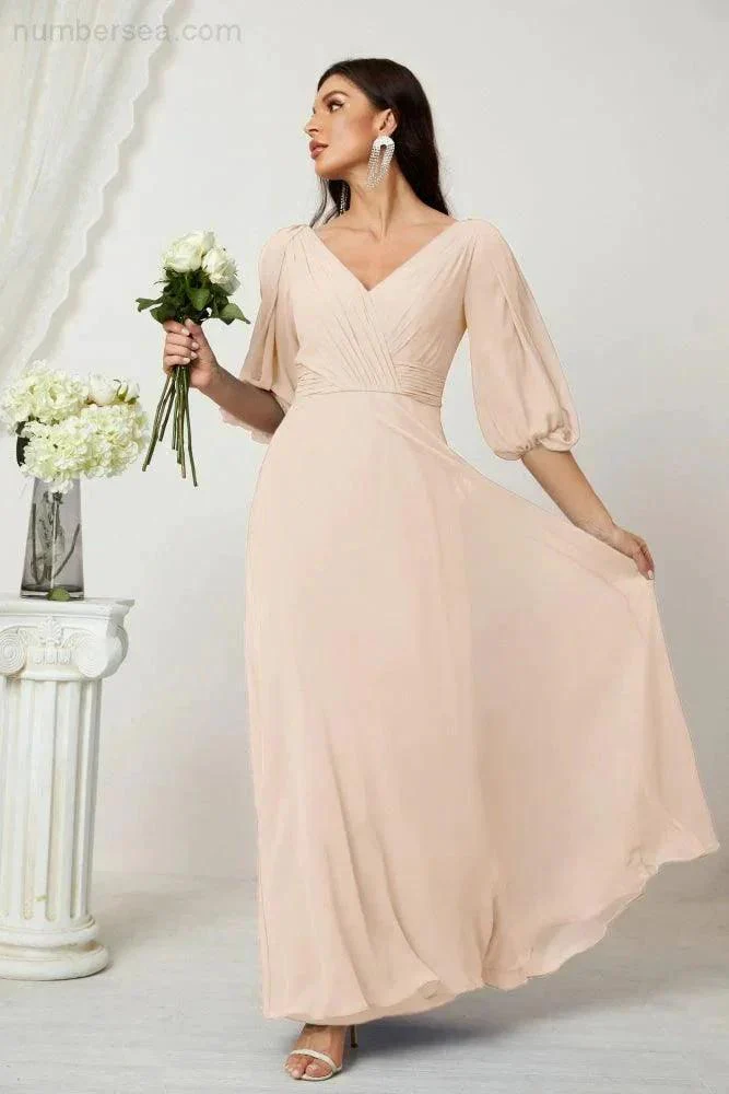 Numbersea  Formal Prom Gown Women V-Neck Chiffon Bridesmaid Dresses Long Bishop Sleeve Party Dress 2807 - Image 140