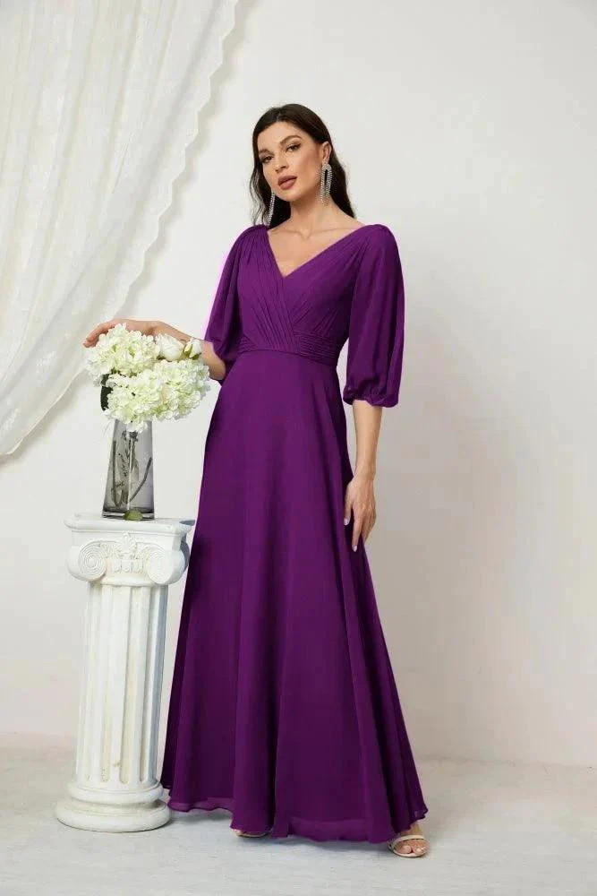 Numbersea  Formal Prom Gown Women V-Neck Chiffon Bridesmaid Dresses Long Bishop Sleeve Party Dress 2807 - Image 141