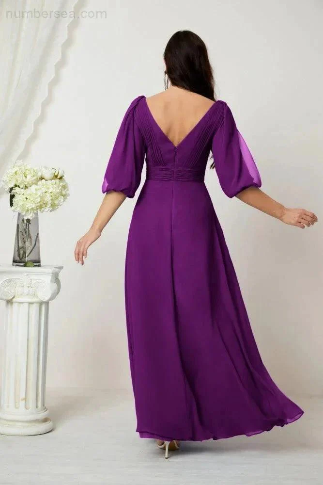 Numbersea  Formal Prom Gown Women V-Neck Chiffon Bridesmaid Dresses Long Bishop Sleeve Party Dress 2807 - Image 142