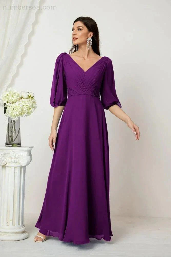 Numbersea  Formal Prom Gown Women V-Neck Chiffon Bridesmaid Dresses Long Bishop Sleeve Party Dress 2807 - Image 143