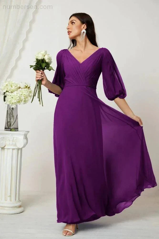 Numbersea  Formal Prom Gown Women V-Neck Chiffon Bridesmaid Dresses Long Bishop Sleeve Party Dress 2807 - Image 144