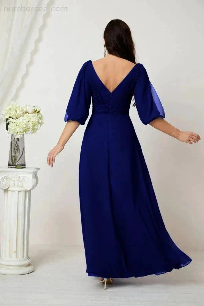 Numbersea  Formal Prom Gown Women V-Neck Chiffon Bridesmaid Dresses Long Bishop Sleeve Party Dress 2807 - Image 146