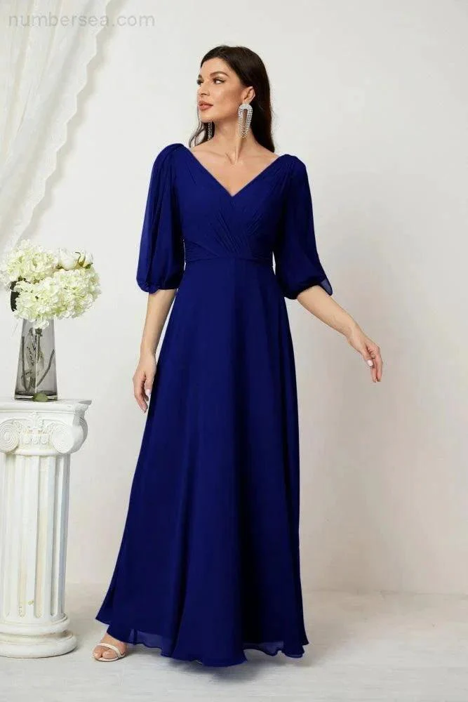 Numbersea  Formal Prom Gown Women V-Neck Chiffon Bridesmaid Dresses Long Bishop Sleeve Party Dress 2807 - Image 147