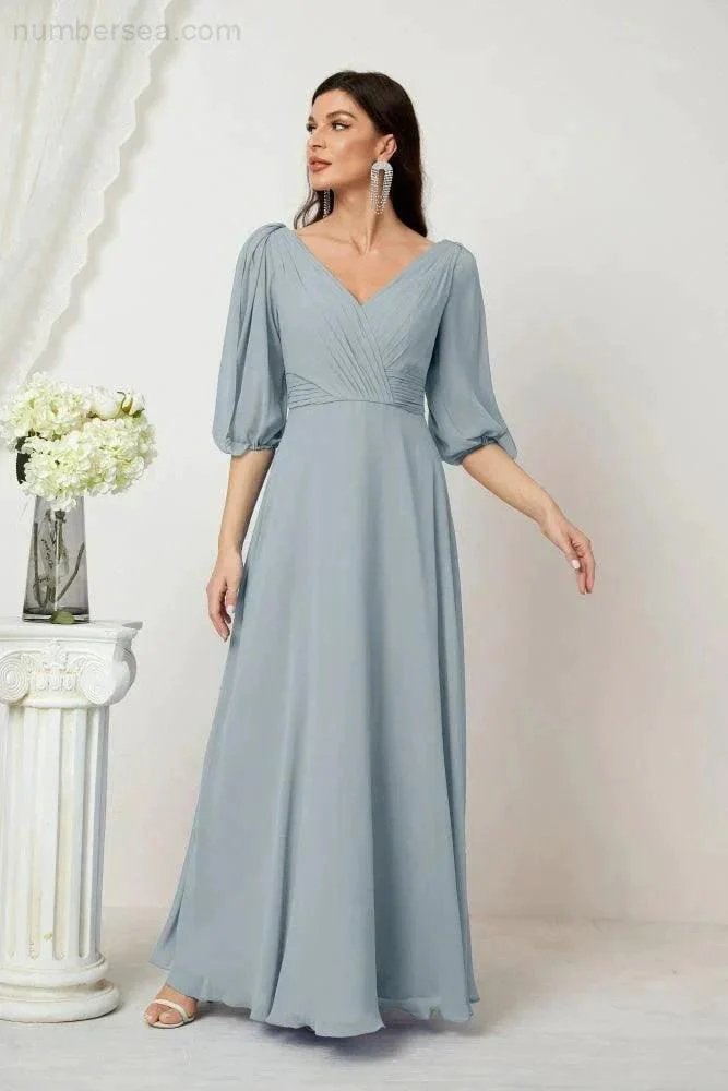 Numbersea  Formal Prom Gown Women V-Neck Chiffon Bridesmaid Dresses Long Bishop Sleeve Party Dress 2807 - Image 15
