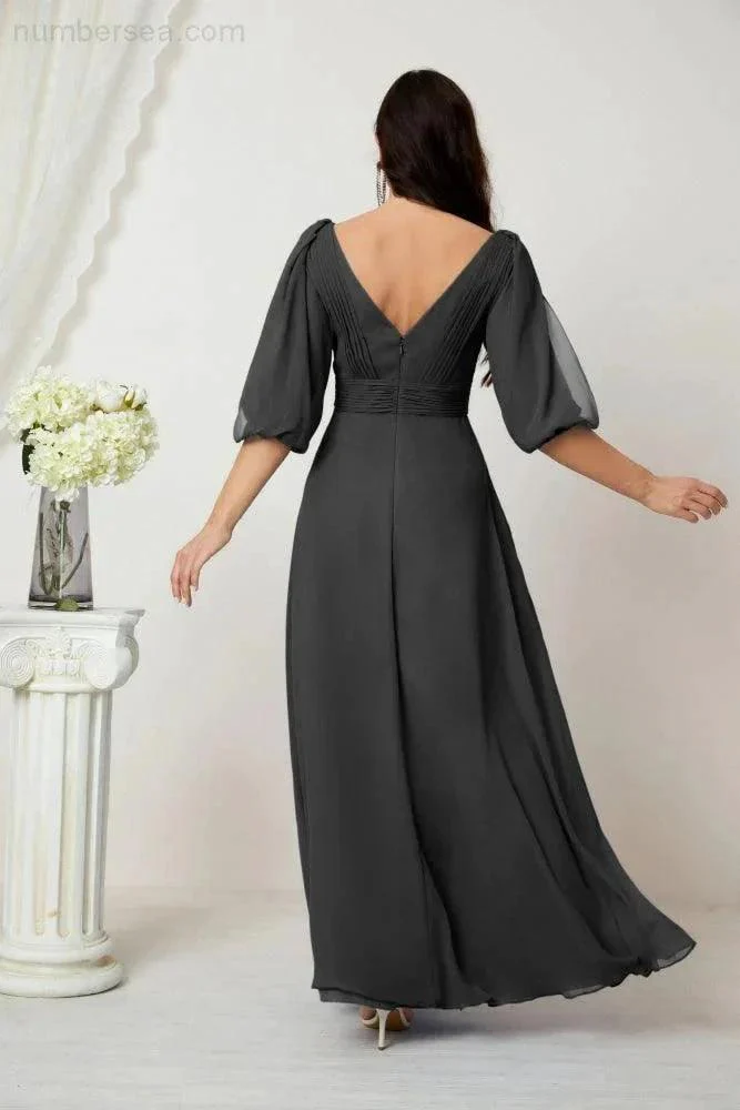 Numbersea  Formal Prom Gown Women V-Neck Chiffon Bridesmaid Dresses Long Bishop Sleeve Party Dress 2807 - Image 150