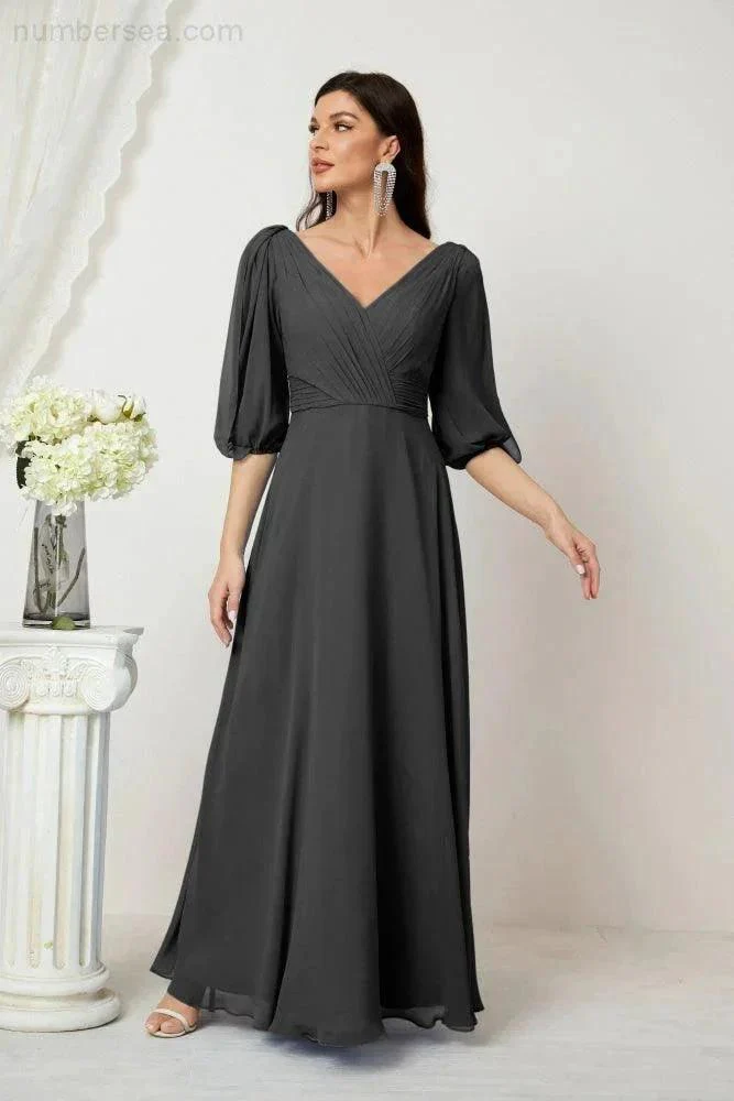 Numbersea  Formal Prom Gown Women V-Neck Chiffon Bridesmaid Dresses Long Bishop Sleeve Party Dress 2807 - Image 151