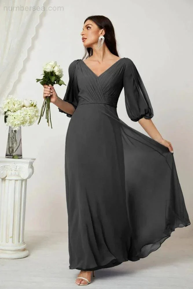 Numbersea  Formal Prom Gown Women V-Neck Chiffon Bridesmaid Dresses Long Bishop Sleeve Party Dress 2807 - Image 152