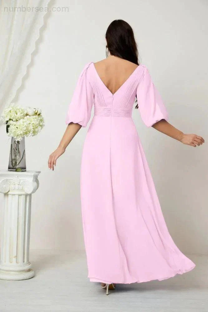 Numbersea  Formal Prom Gown Women V-Neck Chiffon Bridesmaid Dresses Long Bishop Sleeve Party Dress 2807 - Image 154