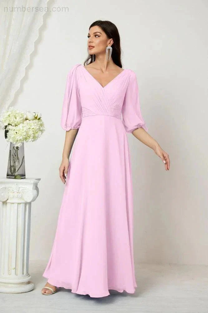 Numbersea  Formal Prom Gown Women V-Neck Chiffon Bridesmaid Dresses Long Bishop Sleeve Party Dress 2807 - Image 155