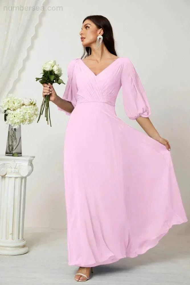 Numbersea  Formal Prom Gown Women V-Neck Chiffon Bridesmaid Dresses Long Bishop Sleeve Party Dress 2807 - Image 156