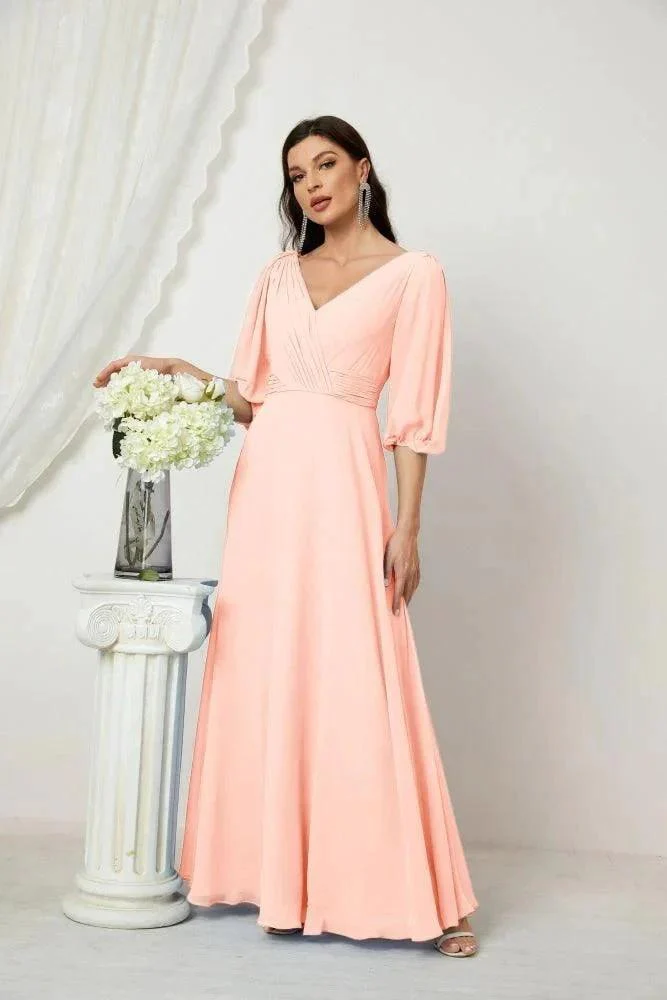 Numbersea  Formal Prom Gown Women V-Neck Chiffon Bridesmaid Dresses Long Bishop Sleeve Party Dress 2807 - Image 157