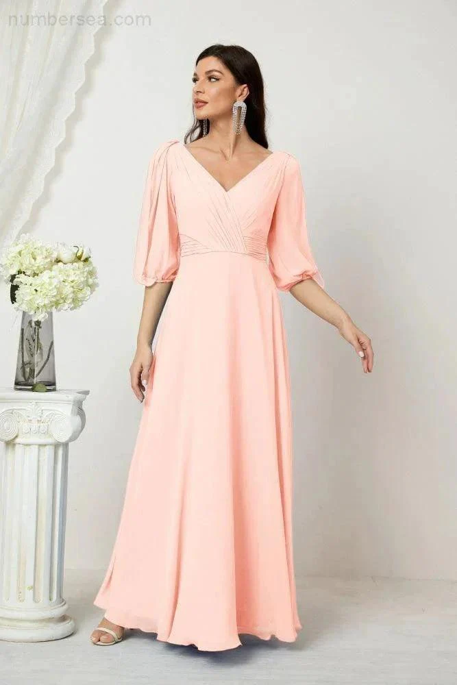 Numbersea  Formal Prom Gown Women V-Neck Chiffon Bridesmaid Dresses Long Bishop Sleeve Party Dress 2807 - Image 159