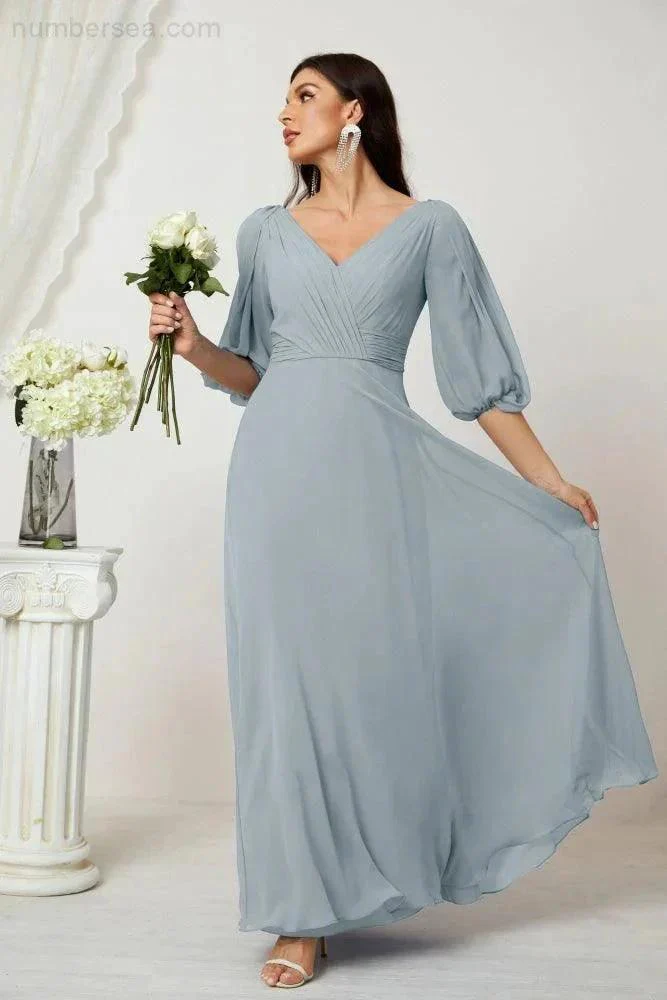Numbersea  Formal Prom Gown Women V-Neck Chiffon Bridesmaid Dresses Long Bishop Sleeve Party Dress 2807 - Image 16