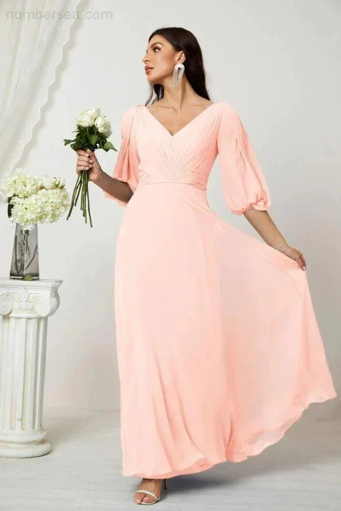 Numbersea  Formal Prom Gown Women V-Neck Chiffon Bridesmaid Dresses Long Bishop Sleeve Party Dress 2807 - Image 160