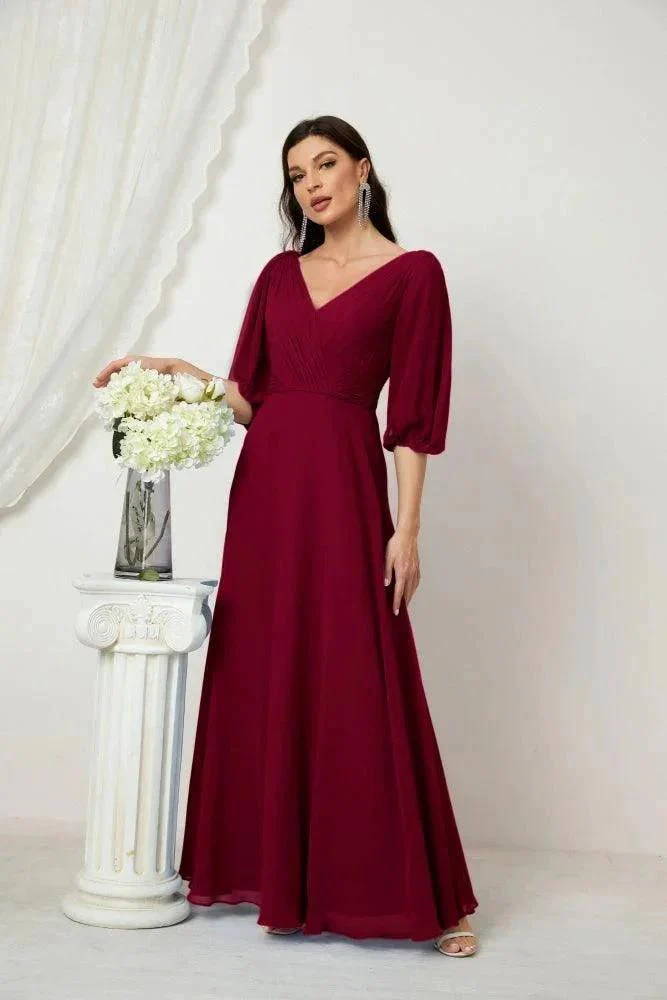 Numbersea  Formal Prom Gown Women V-Neck Chiffon Bridesmaid Dresses Long Bishop Sleeve Party Dress 2807 - Image 161