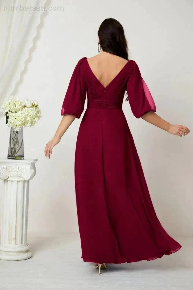 Numbersea  Formal Prom Gown Women V-Neck Chiffon Bridesmaid Dresses Long Bishop Sleeve Party Dress 2807 - Image 162