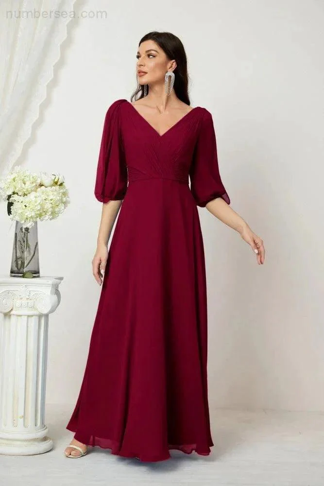 Numbersea  Formal Prom Gown Women V-Neck Chiffon Bridesmaid Dresses Long Bishop Sleeve Party Dress 2807 - Image 163