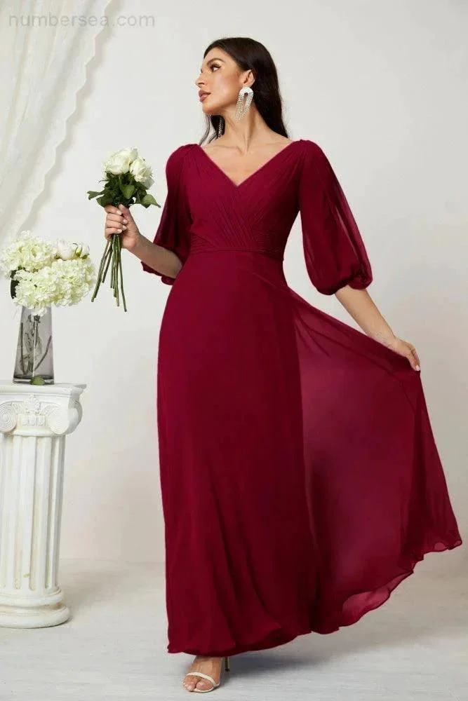 Numbersea  Formal Prom Gown Women V-Neck Chiffon Bridesmaid Dresses Long Bishop Sleeve Party Dress 2807 - Image 164