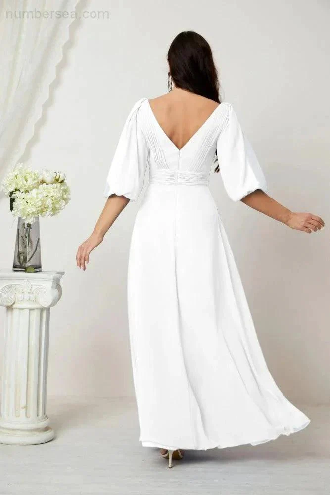 Numbersea  Formal Prom Gown Women V-Neck Chiffon Bridesmaid Dresses Long Bishop Sleeve Party Dress 2807 - Image 166