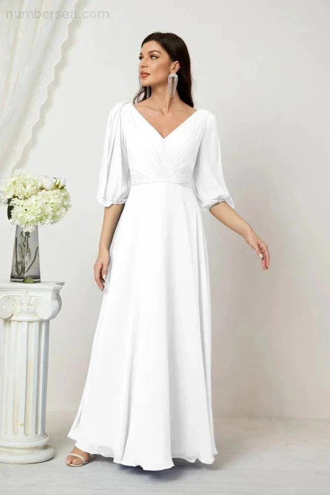 Numbersea  Formal Prom Gown Women V-Neck Chiffon Bridesmaid Dresses Long Bishop Sleeve Party Dress 2807 - Image 167
