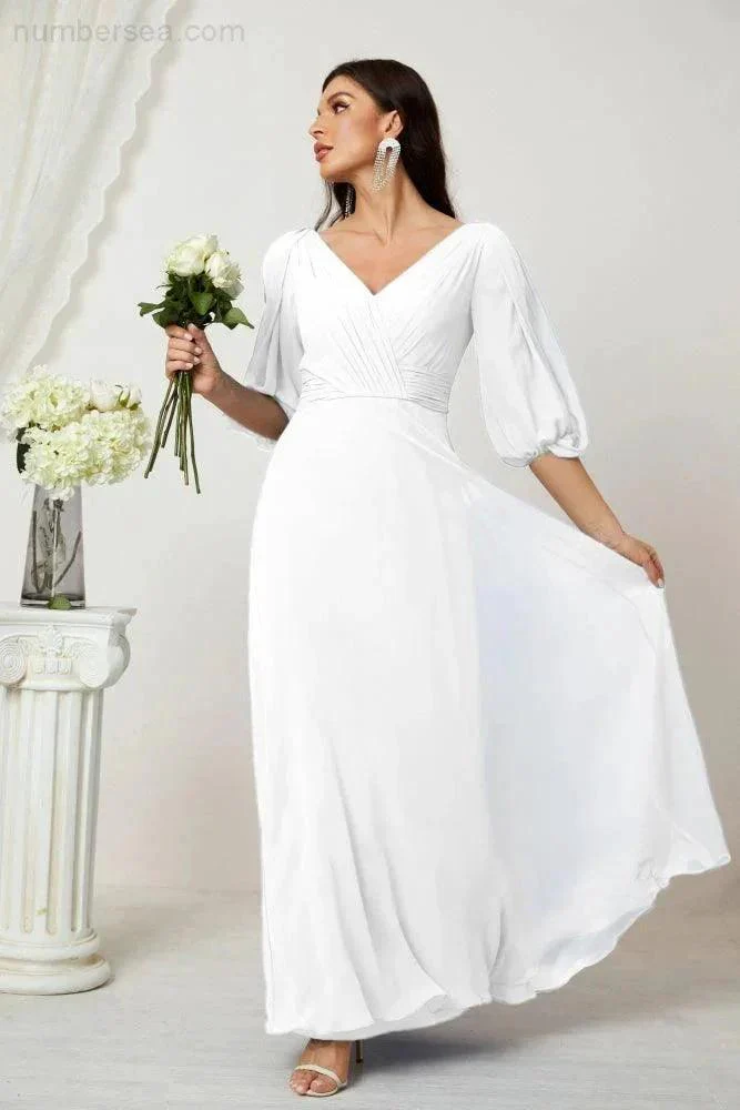 Numbersea  Formal Prom Gown Women V-Neck Chiffon Bridesmaid Dresses Long Bishop Sleeve Party Dress 2807 - Image 168