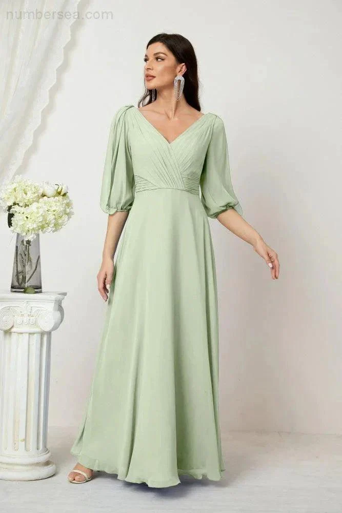 Numbersea  Formal Prom Gown Women V-Neck Chiffon Bridesmaid Dresses Long Bishop Sleeve Party Dress 2807 - Image 19