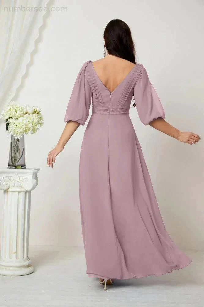 Numbersea  Formal Prom Gown Women V-Neck Chiffon Bridesmaid Dresses Long Bishop Sleeve Party Dress 2807 - Image 2