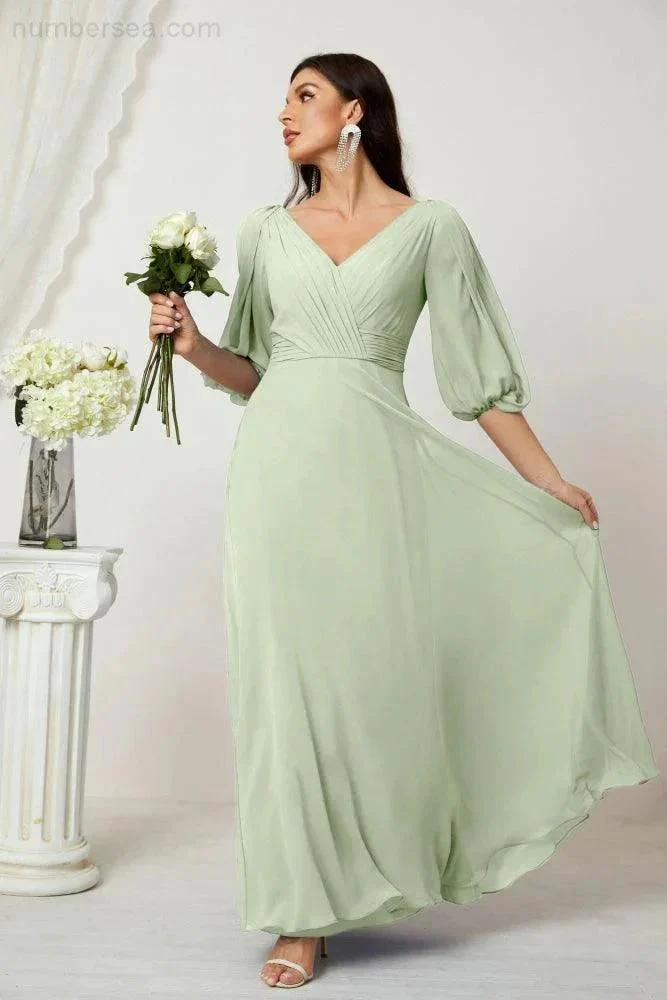 Numbersea  Formal Prom Gown Women V-Neck Chiffon Bridesmaid Dresses Long Bishop Sleeve Party Dress 2807 - Image 20