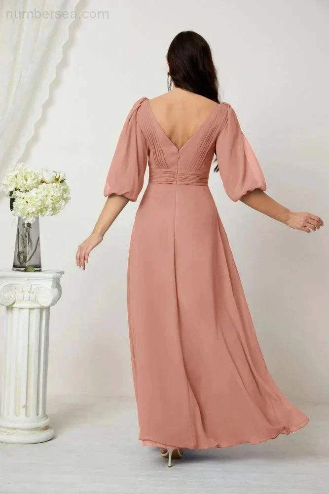 Numbersea  Formal Prom Gown Women V-Neck Chiffon Bridesmaid Dresses Long Bishop Sleeve Party Dress 2807 - Image 22