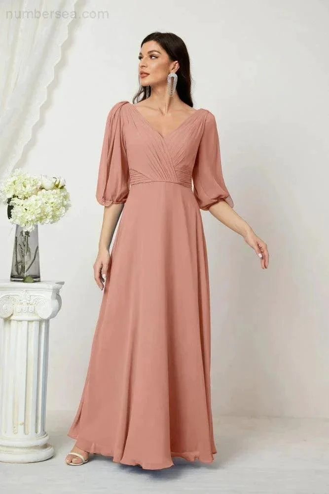 Numbersea  Formal Prom Gown Women V-Neck Chiffon Bridesmaid Dresses Long Bishop Sleeve Party Dress 2807 - Image 23
