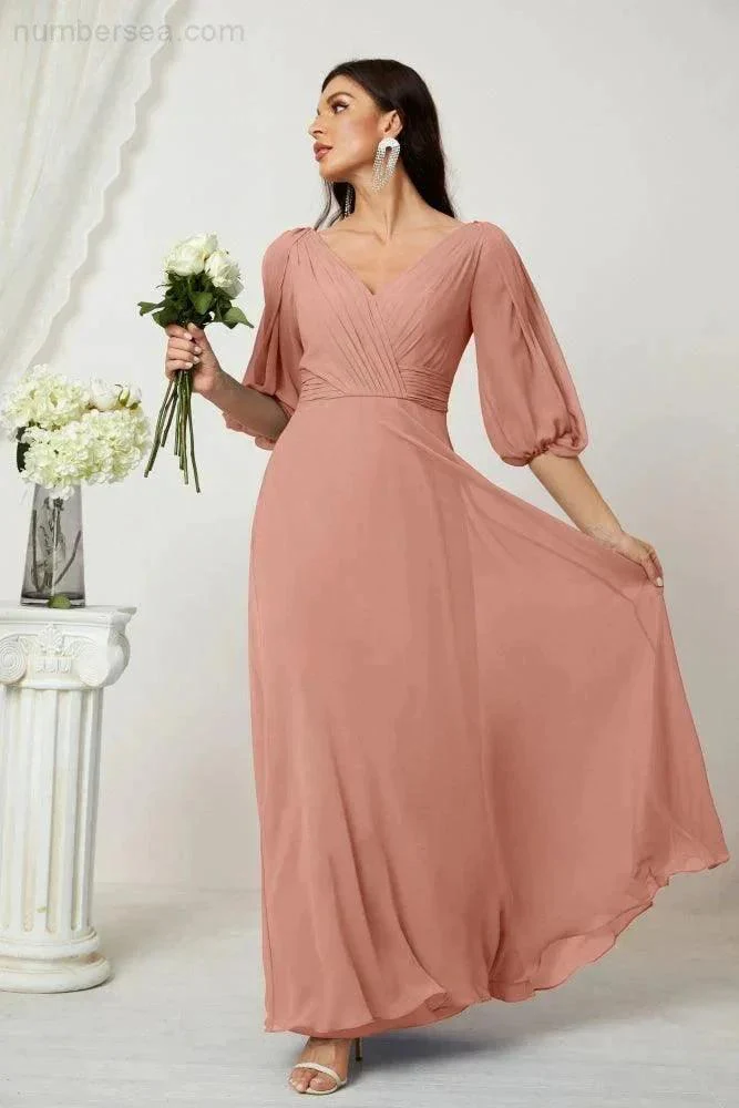 Numbersea  Formal Prom Gown Women V-Neck Chiffon Bridesmaid Dresses Long Bishop Sleeve Party Dress 2807 - Image 24