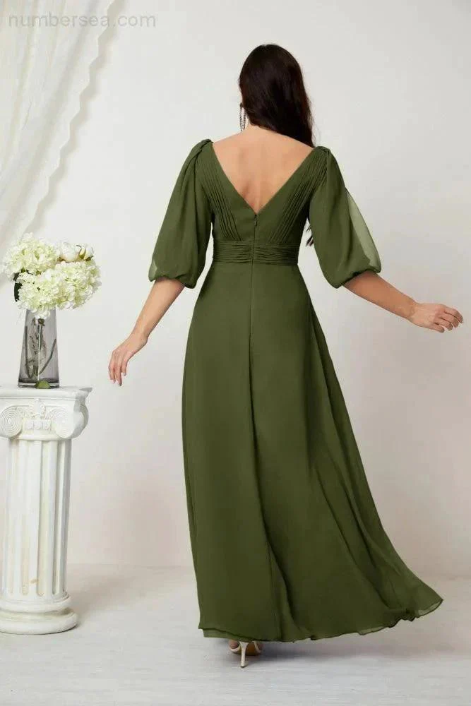 Numbersea  Formal Prom Gown Women V-Neck Chiffon Bridesmaid Dresses Long Bishop Sleeve Party Dress 2807 - Image 26