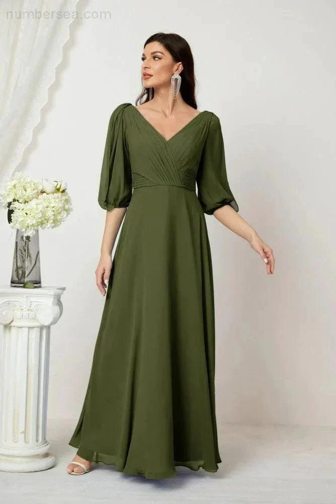 Numbersea  Formal Prom Gown Women V-Neck Chiffon Bridesmaid Dresses Long Bishop Sleeve Party Dress 2807 - Image 27
