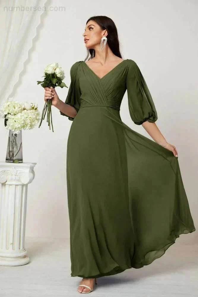 Numbersea  Formal Prom Gown Women V-Neck Chiffon Bridesmaid Dresses Long Bishop Sleeve Party Dress 2807 - Image 28