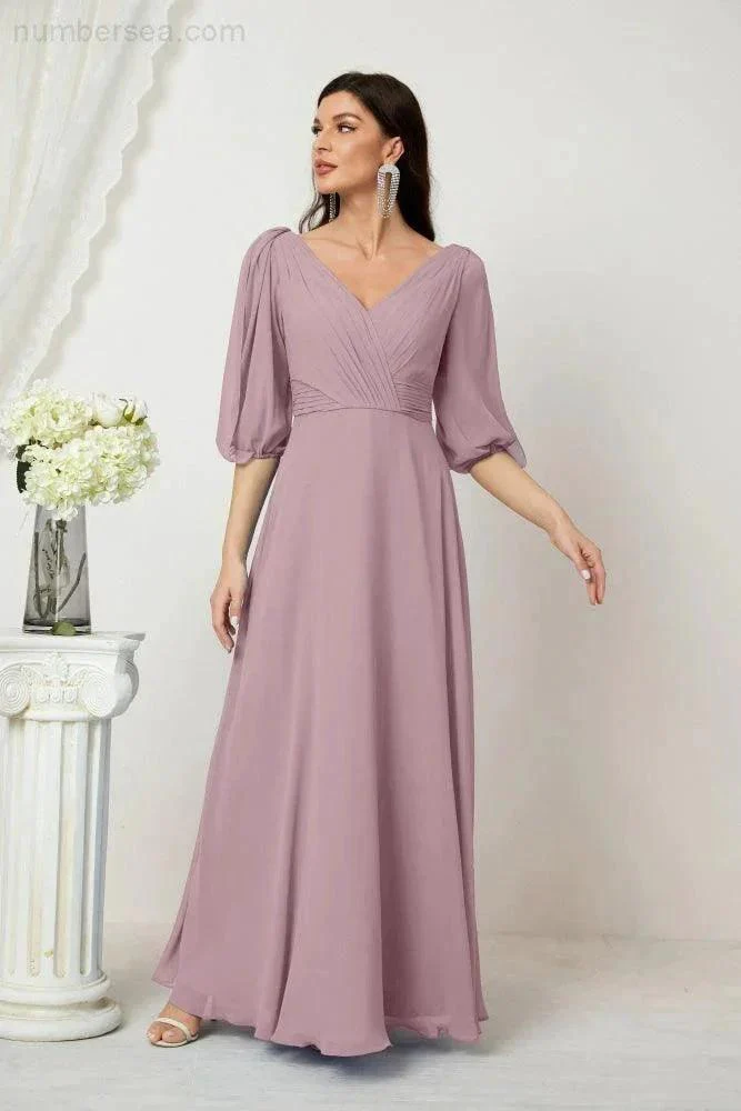 Numbersea  Formal Prom Gown Women V-Neck Chiffon Bridesmaid Dresses Long Bishop Sleeve Party Dress 2807 - Image 3