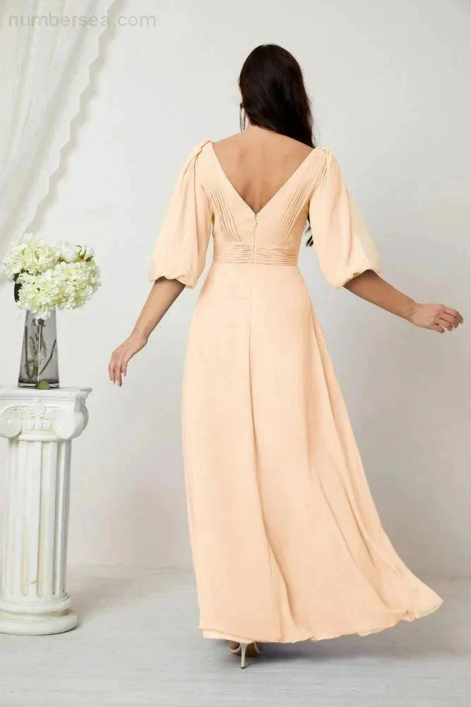 Numbersea  Formal Prom Gown Women V-Neck Chiffon Bridesmaid Dresses Long Bishop Sleeve Party Dress 2807 - Image 30