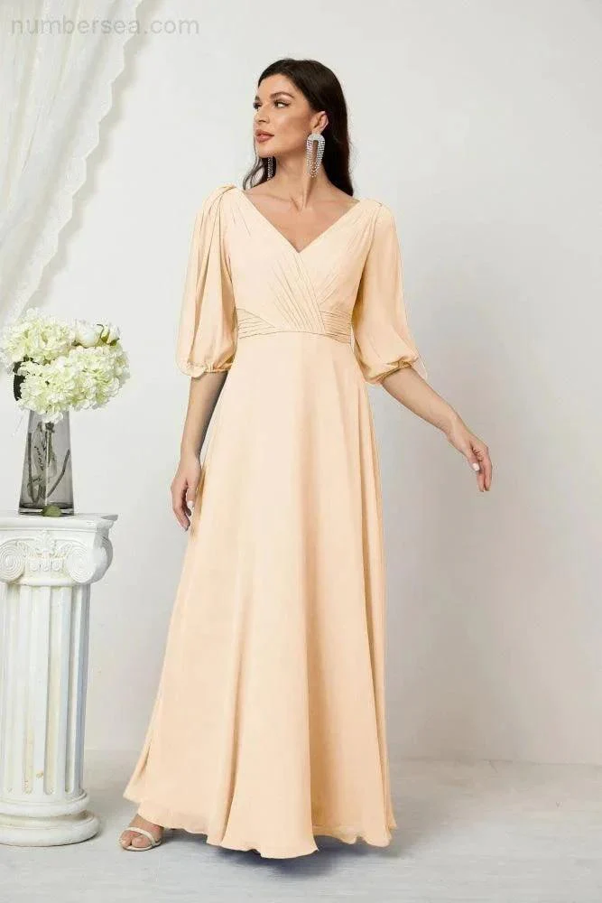 Numbersea  Formal Prom Gown Women V-Neck Chiffon Bridesmaid Dresses Long Bishop Sleeve Party Dress 2807 - Image 31