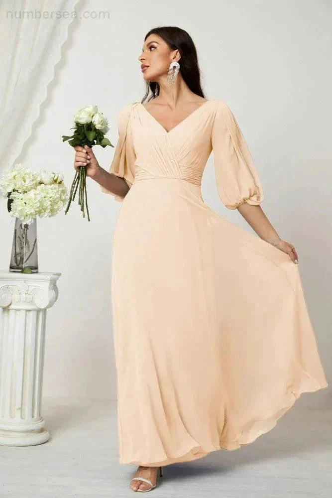 Numbersea  Formal Prom Gown Women V-Neck Chiffon Bridesmaid Dresses Long Bishop Sleeve Party Dress 2807 - Image 32