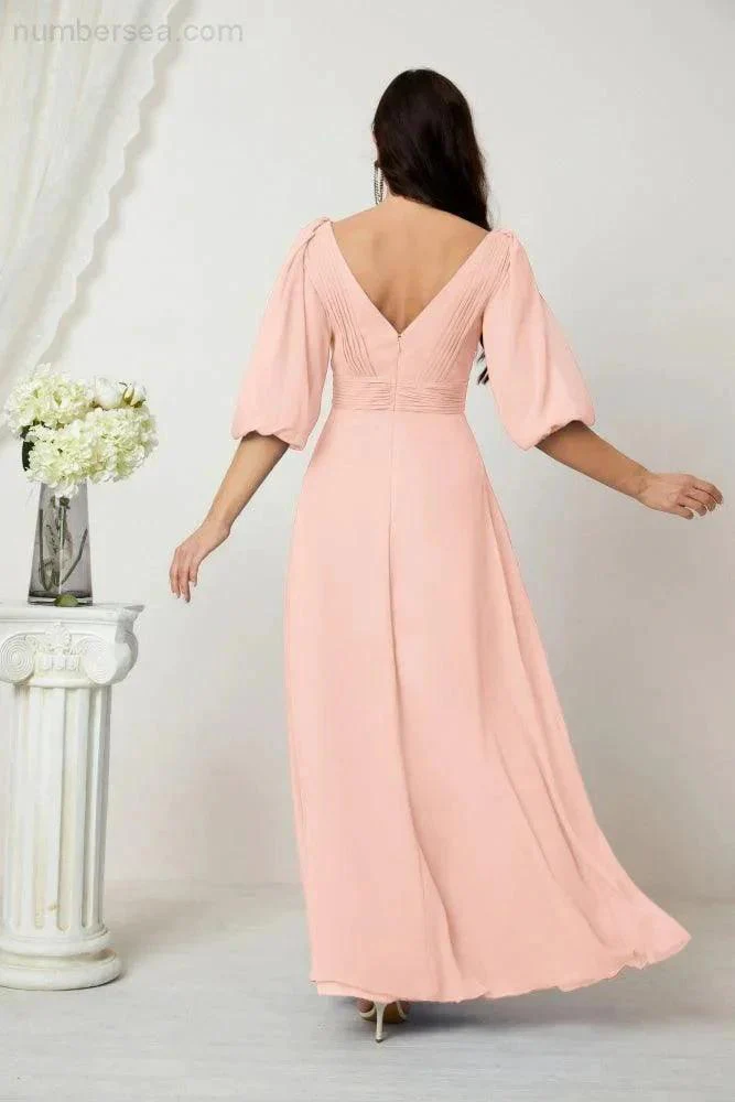 Numbersea  Formal Prom Gown Women V-Neck Chiffon Bridesmaid Dresses Long Bishop Sleeve Party Dress 2807 - Image 34