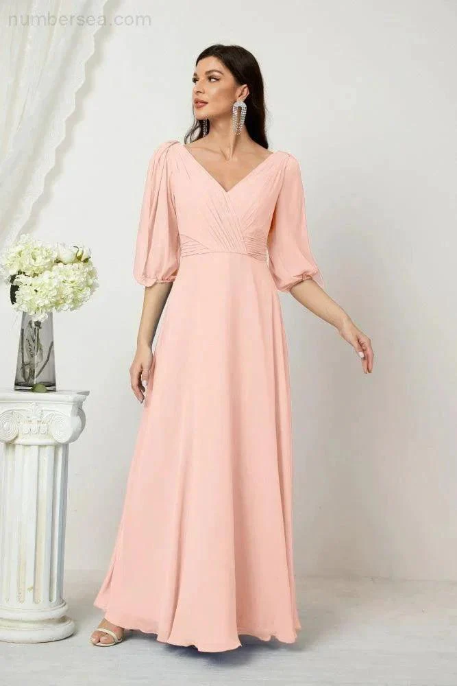 Numbersea  Formal Prom Gown Women V-Neck Chiffon Bridesmaid Dresses Long Bishop Sleeve Party Dress 2807 - Image 35