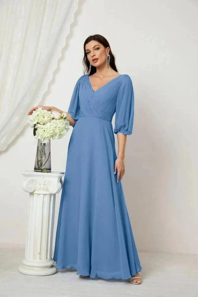 Numbersea  Formal Prom Gown Women V-Neck Chiffon Bridesmaid Dresses Long Bishop Sleeve Party Dress 2807 - Image 37