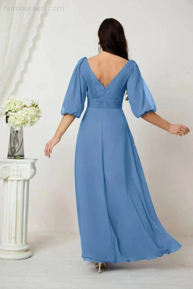 Numbersea  Formal Prom Gown Women V-Neck Chiffon Bridesmaid Dresses Long Bishop Sleeve Party Dress 2807 - Image 38
